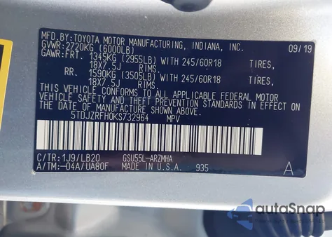 2019 Toyota Highlander Xle from USA, damaged, VIN 5TDJZRFH0KS732964